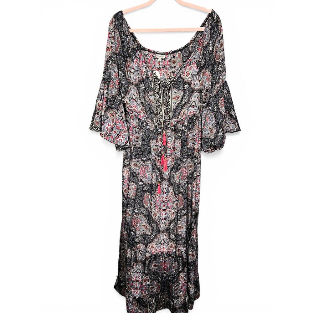 NWT Earthbound Trading Co Boho Maxi Dress Paisley Tassel Tie Peasant Sleeve S M - Picture 3 of 13